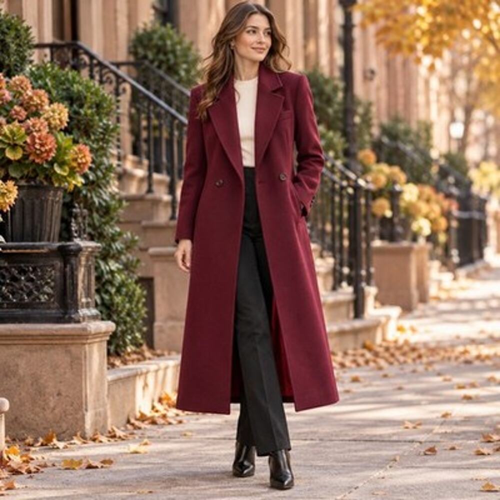 Larry Levine Sz Small Wool Burgundy Wine Red 2 Button Long Pea Coat Classic